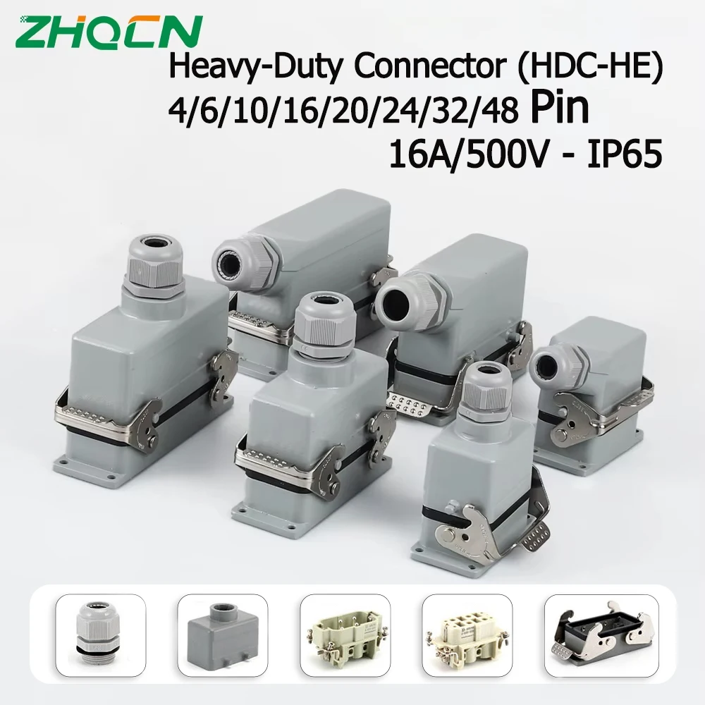 Heavy Duty Rectangular Connector HDC HE Series 4/6/10/16/24/32/48 Pin Waterproof Industrial Aviation Plug Harting Type 16A 500V