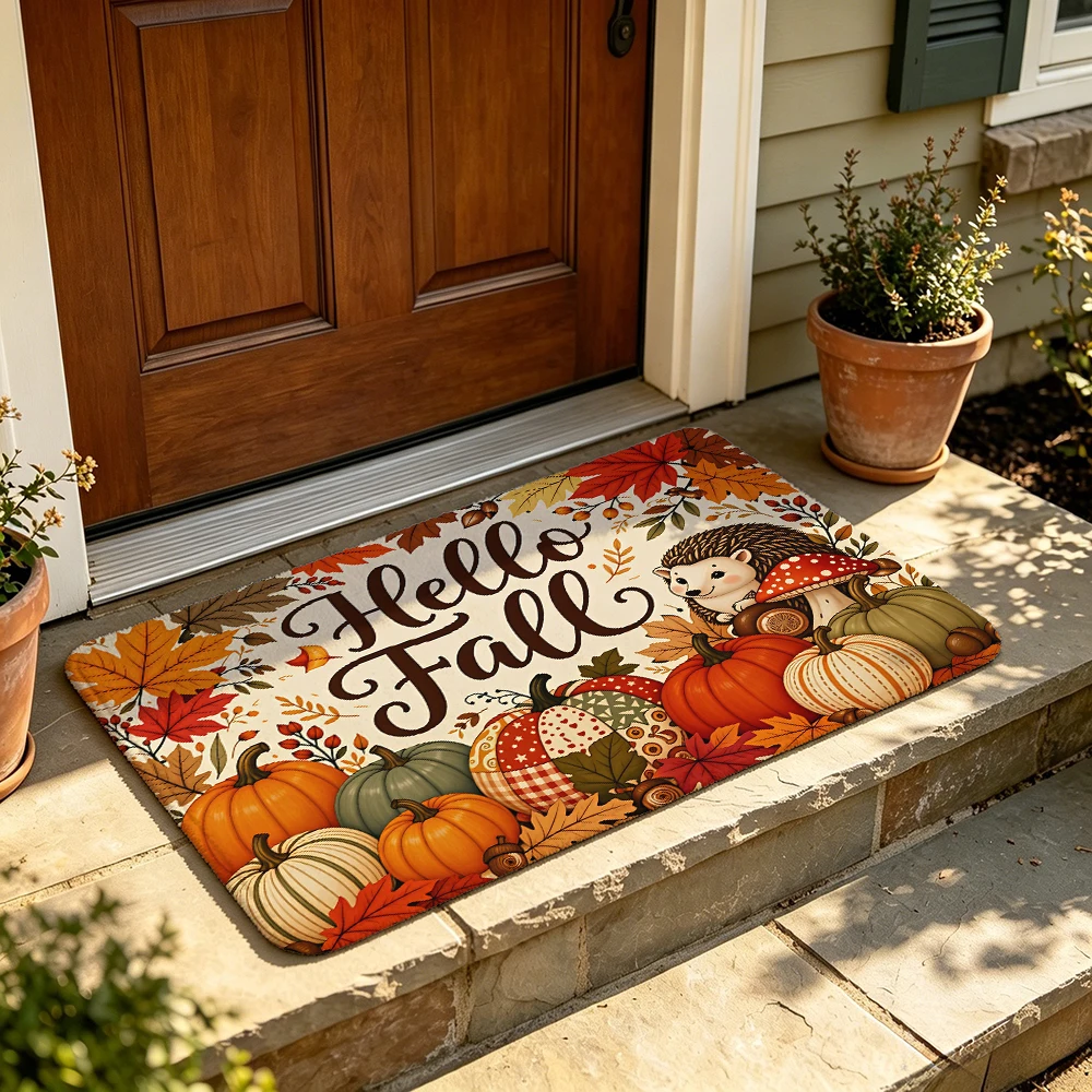 Hello Fall Hedgehog Pumpkin Doormat Autumn Animal Welcome Mat Farmhouse Entryway Rug Cute Thanksgiving Decor