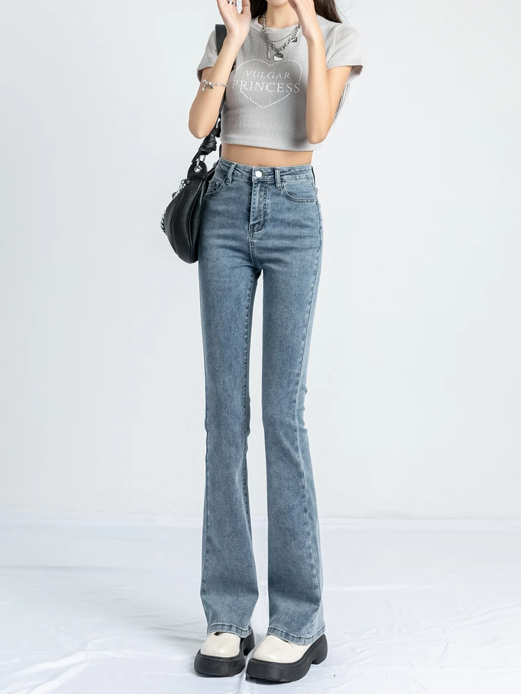 High Waist Flared Jeans Women's Grey Smoke Color Slimming Tall Small Size Bell Bottom Pants Cotton Stretch Denim Spring Season