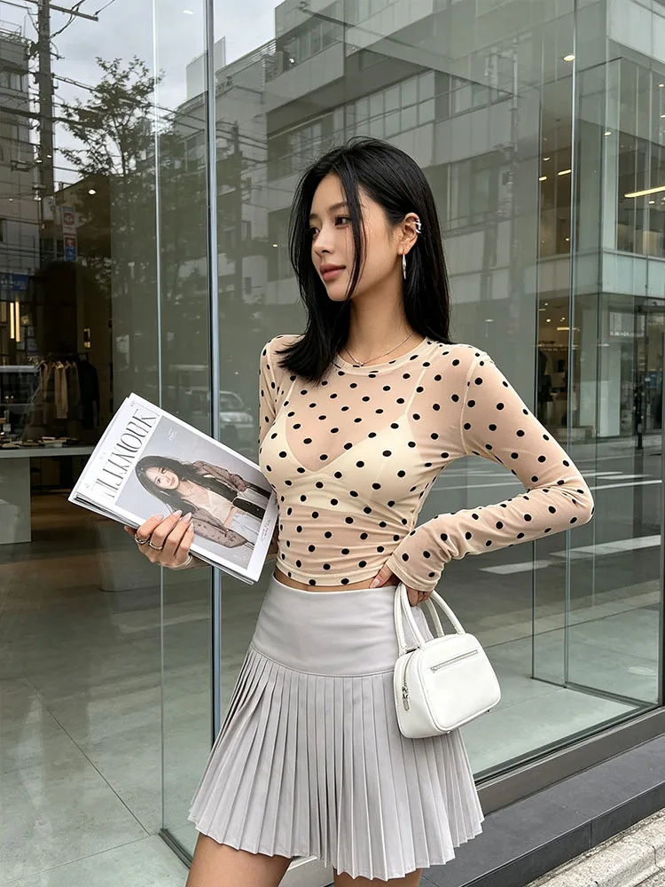 Y2K Polka Dot Sheer Mesh Layering Top Women Thumb Hole Long Sleeve Cropped See Through Sling Cover Up Tee