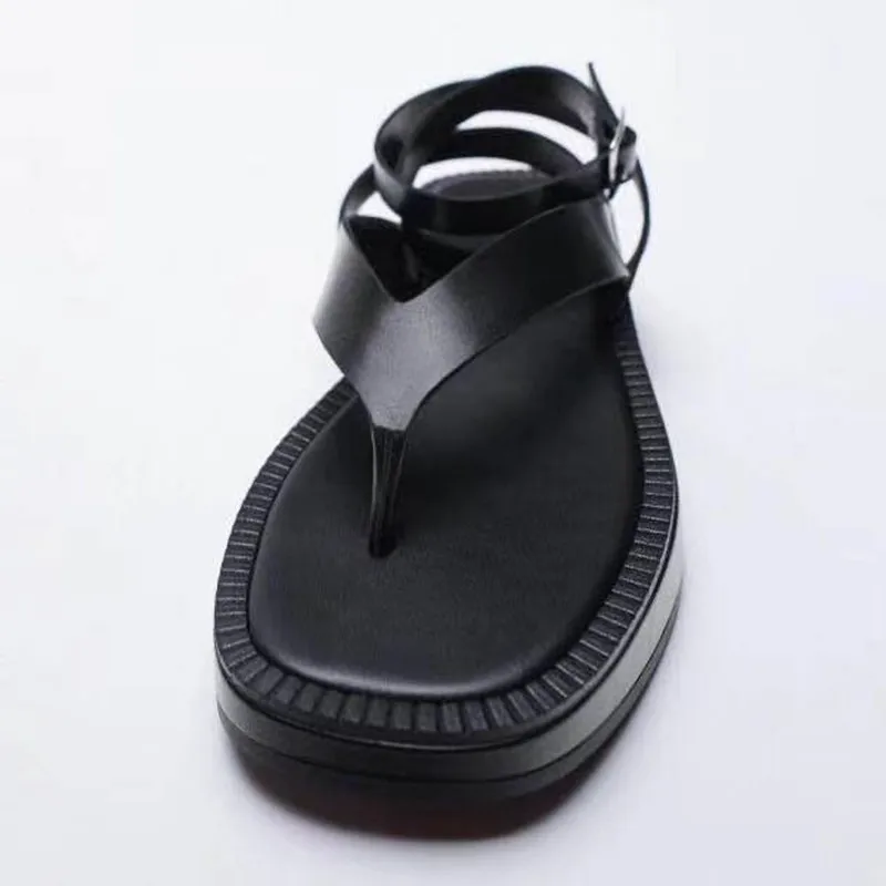 Summer New Women's Shoes Black Flat Leather Fashion Sandals Flip-Flops ZA Lace-Up Platform Ankle Strap Sandals Plus Size