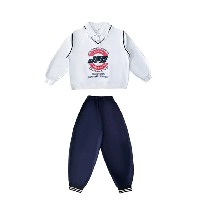 Jungen Hip Hop Kleidung College Stil gefälschte zweiteilige Top Marine Hosen Rock für Mädchen Kinder Jazz Dance Kostüm Kleidung Set