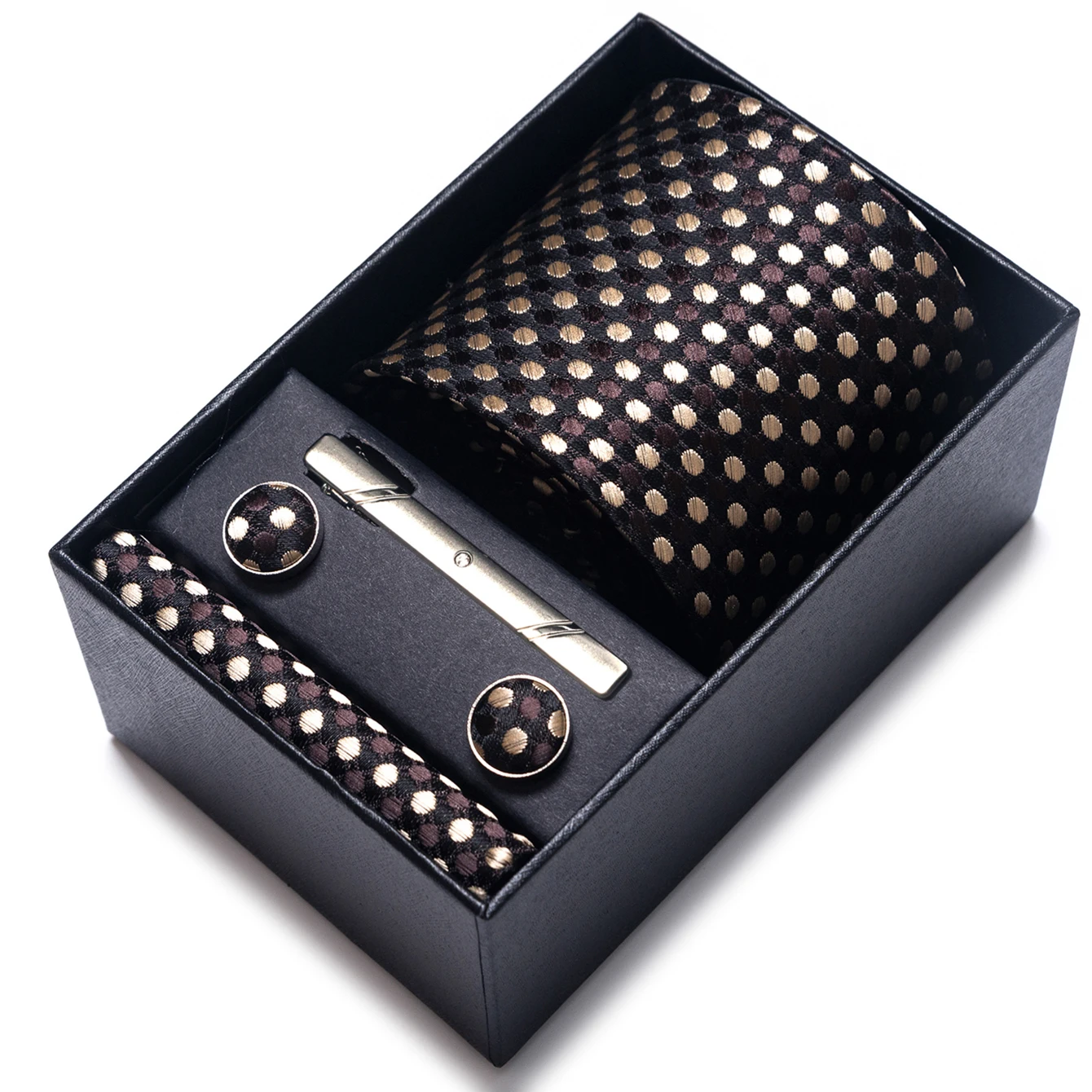 Immagine 5: Set da 4 pezzi per uomo: cravatta a righe, pochette, gemelli e fermacravatta, ideale per regali, affari, lavoro e matrimoni.