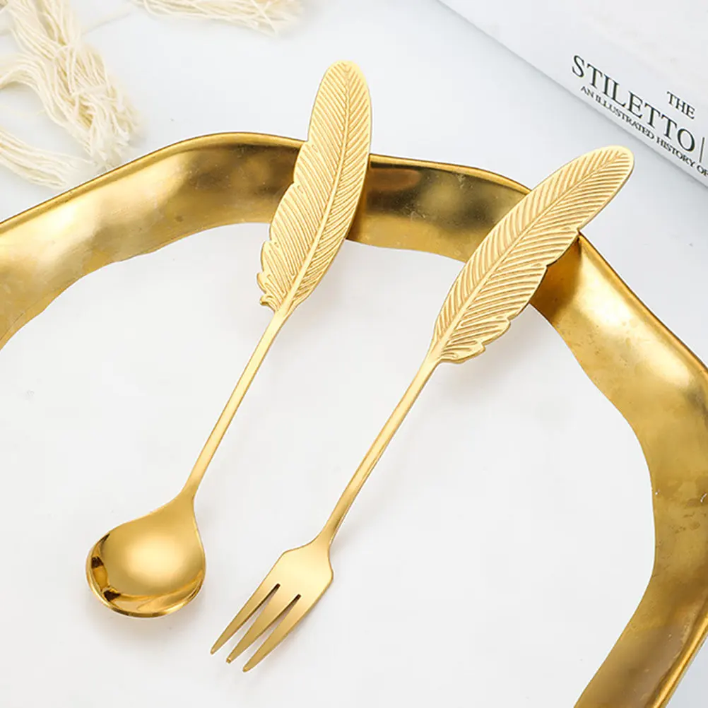 

2Pcs Chic Stainless Steel Spoon and Fork Set Small Dessert Spoons Espresso Coffee Spoons for Daily Use