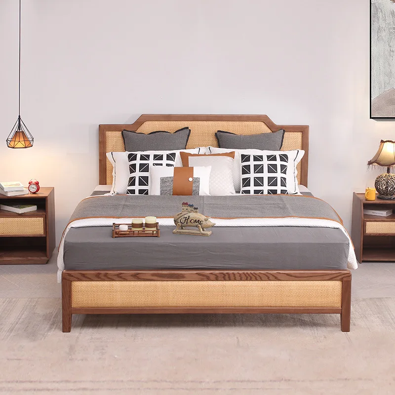 

Internet celebrities ins rattan solid wood furniture Nordic 1.8 double bed master bedroom 1.5 meters retro bed designer