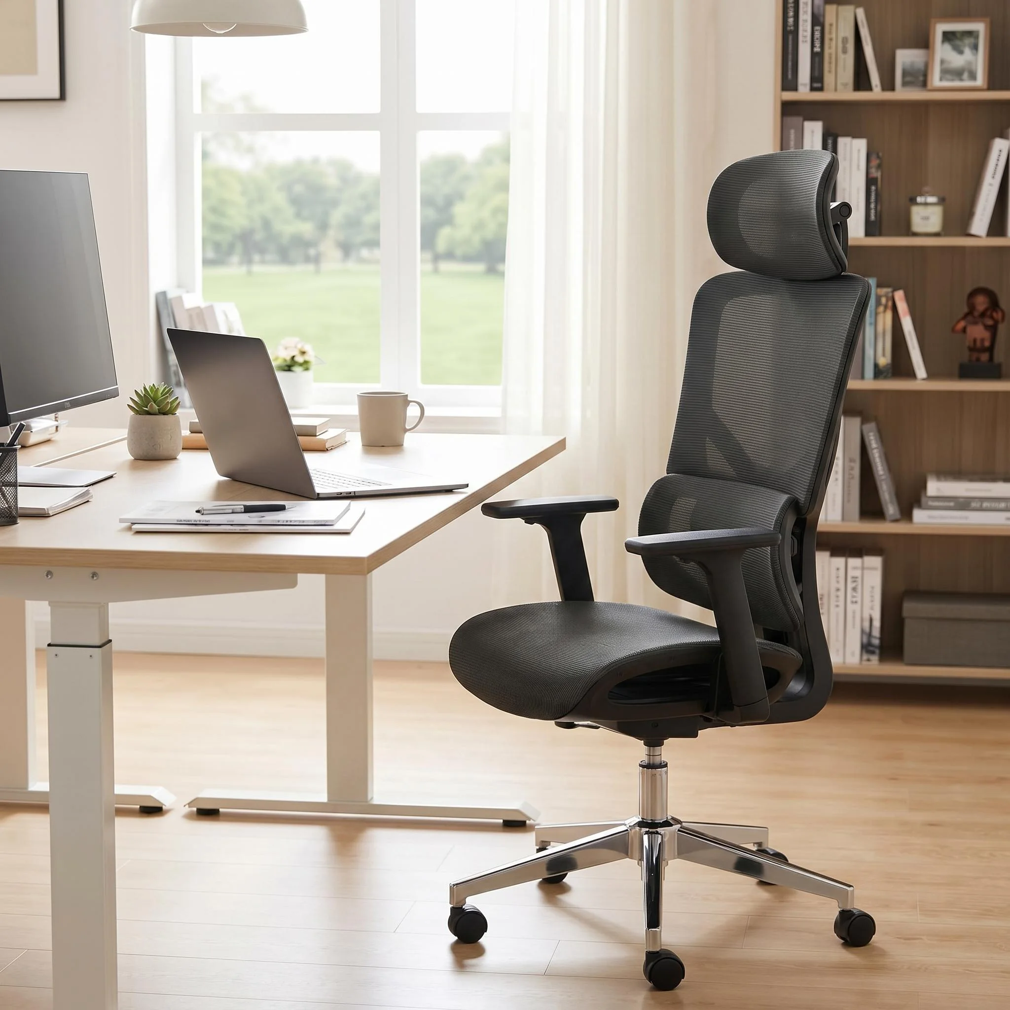 Ergonomischer Bürostuhl mit Netzrücken, 4D HiMiss Verstellbare Armlehnen, Dynamische Lendenwirbelstütze, Hohe Rückenlehne, Neigbarer Schreibtischstuhl für Home Office