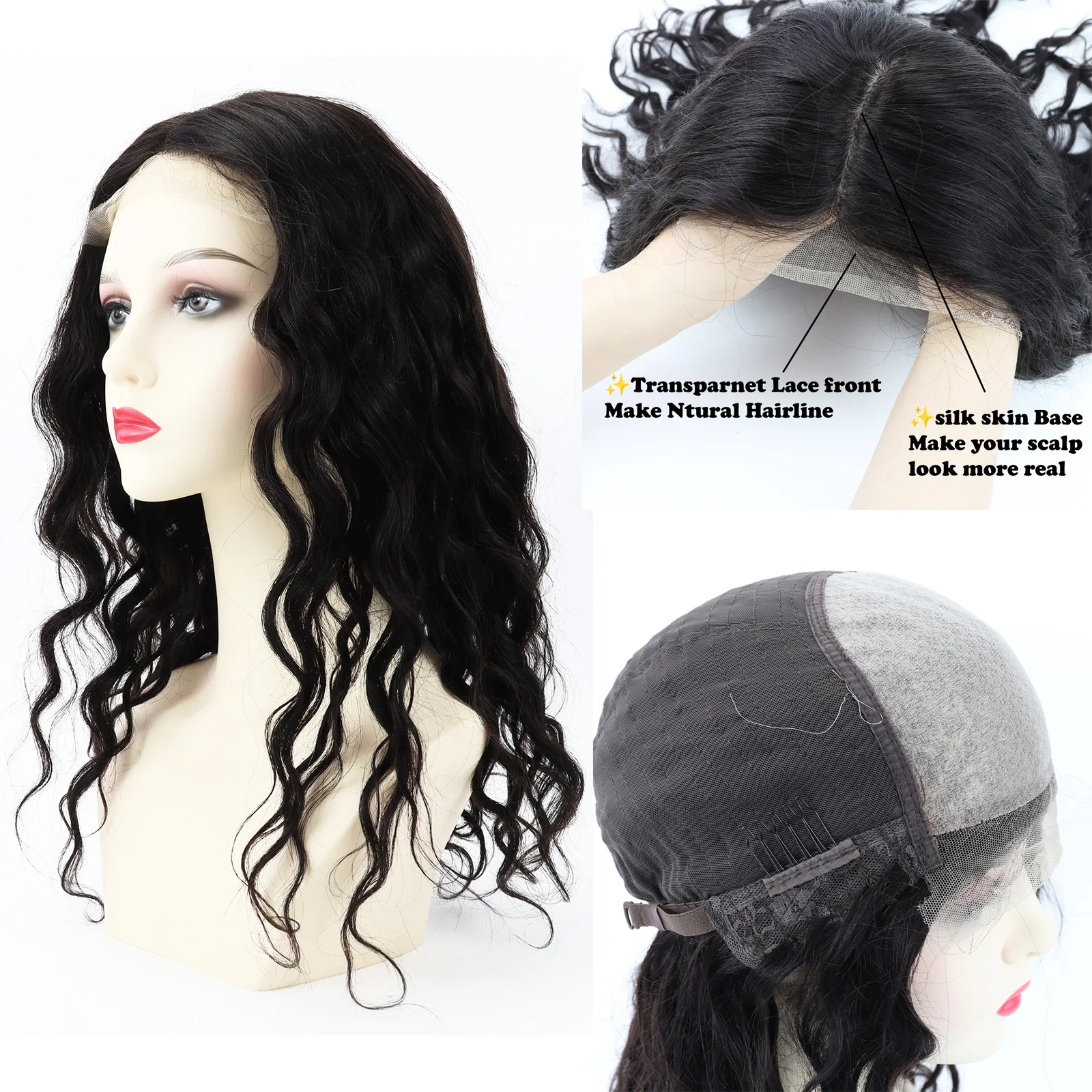 

Натуральный парик из натуральных волос с эффектом шелковой кожи, 18 дюймов, волнистый, с прозрачной кружевной передней частью и естественной линией роста волос для женщин