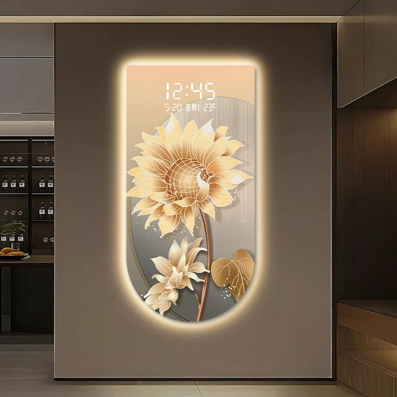 Golden Flower Decorative Painting U-shaped Carving Clock with Electronic Digital Display Plug in Version Watch with LED Light