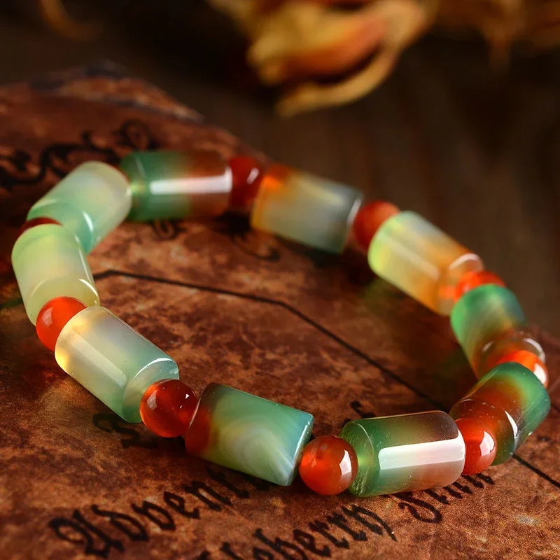 Natural Jade Agate Colour Bead Bracelet Elastic Bangle Charm Jewellery Fashion Accessories Hand-Carved Man Woman Luck Amulet