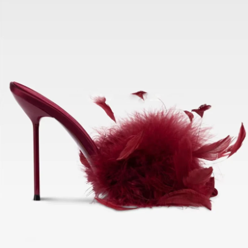 Nude Feather Decorated Stiletto Flip Toe Mules Slippers Woman Summer 2026 Sexy Fur Slip-On High-Heeled Thong Sandals Fashion
