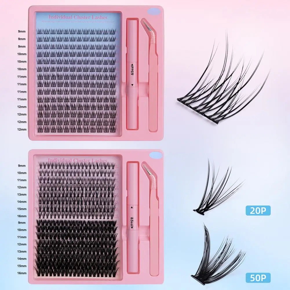 Zestaw do samodzielnego przedłużania rzęs w kępkach, 2 rodzaje rzęs pojedynczych, delikatne, puszyste sztuczne rzęsy z klejem i pęsetą.