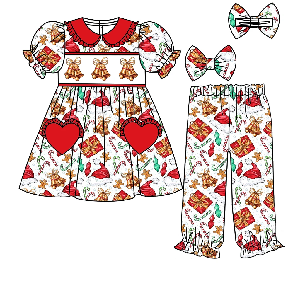 

Christmas boutique children's suit short sleeve elastic hat gift box bell bow print trousers girls boys trousers pajamas suit
