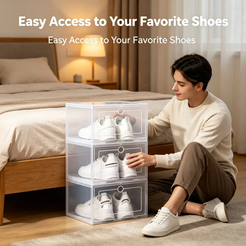 6 Pack Stackable Clear Shoe Storage Organizer Plastic Dustproof Sneaker Boxes Closet Bedroom Entryway Shoe Rack for Women