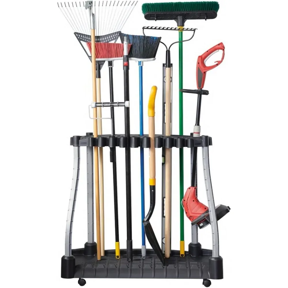 Garage tool tower, easy to assemble, on wheels, holds up to 40 long-handled tools/rakes/broom in home/house/outdoor/shed