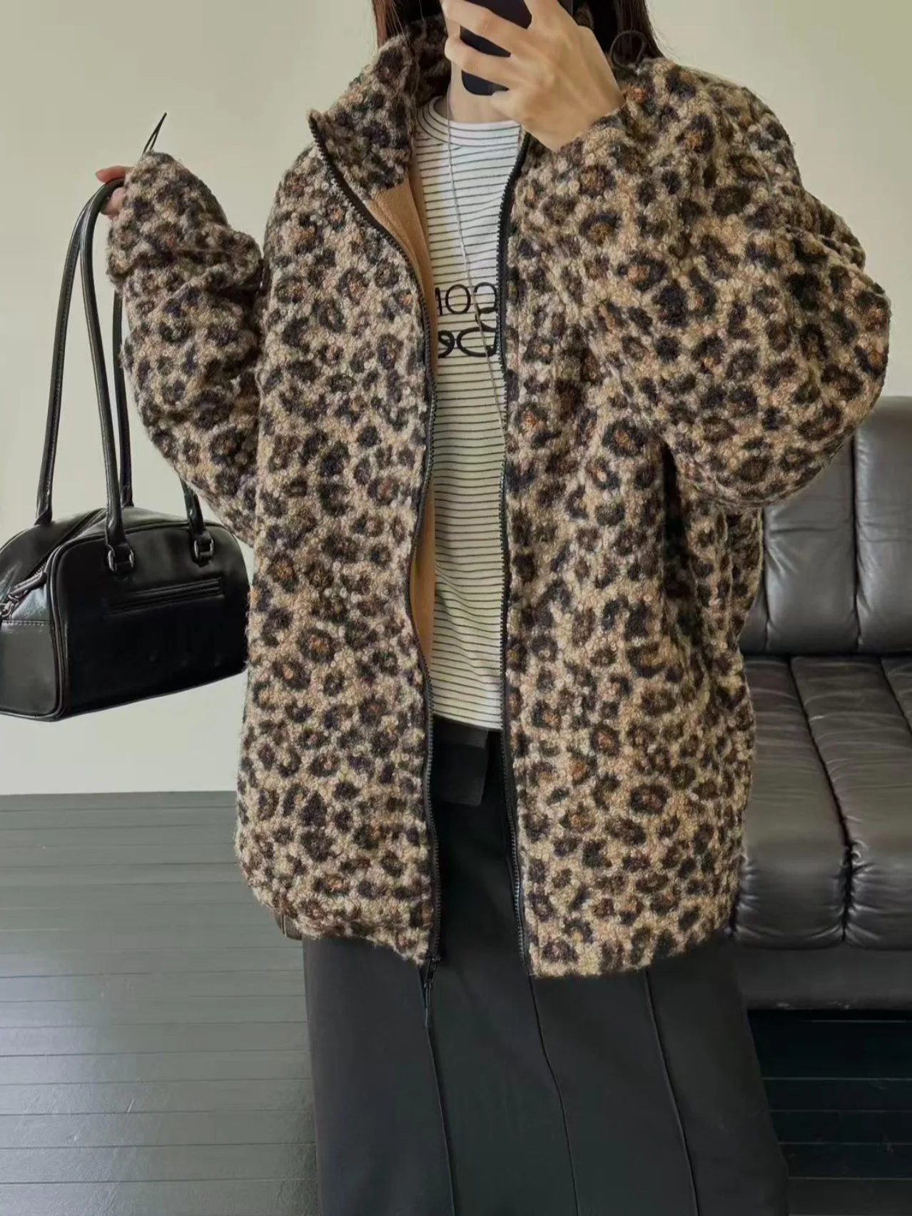 المرأة فروي الوقوف طوق خمر ليوبارد طباعة سستة Jaet الداخلية Fce الخريف الشتاء جديد Faion معطف دافئ طويل Sve #5