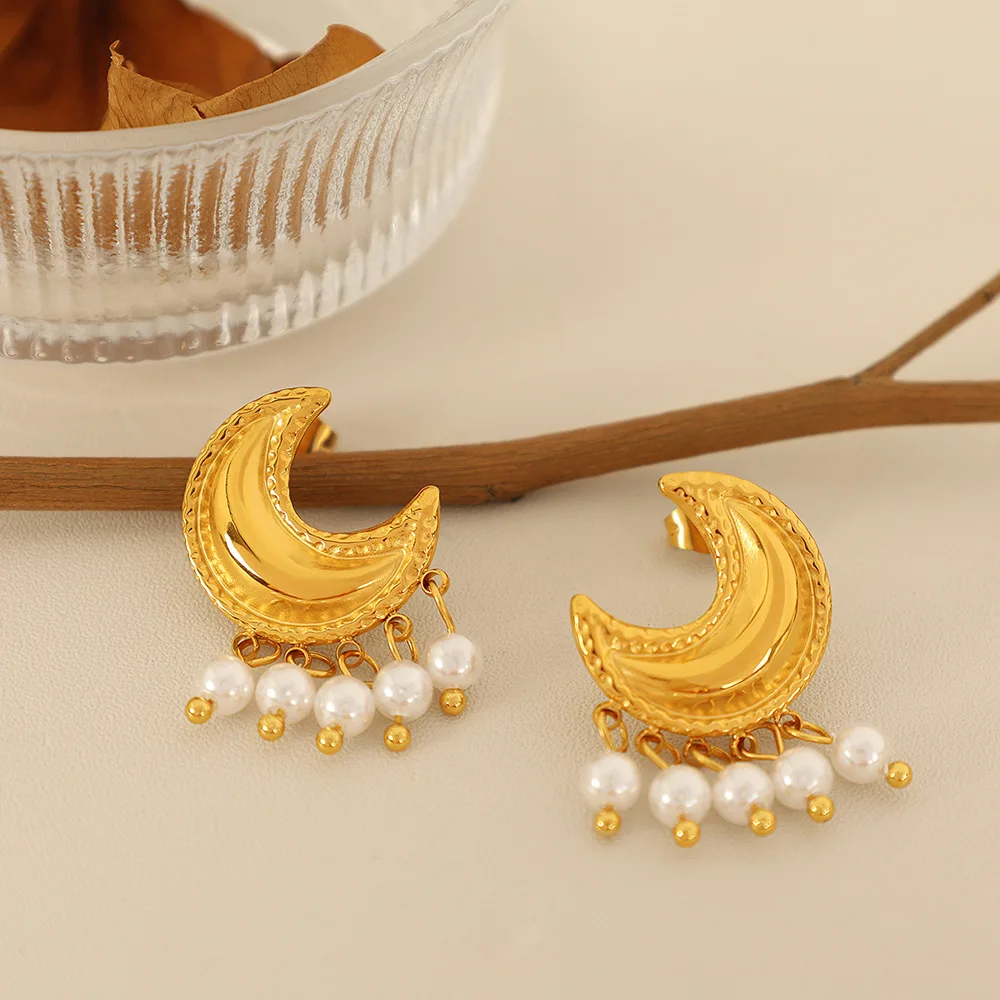 Keen-on 316L Stainless Steel Simulated Pearls Tassel Drop Moon Earrings 18K Gold Color Plated Elegant Exquisite Jewelry