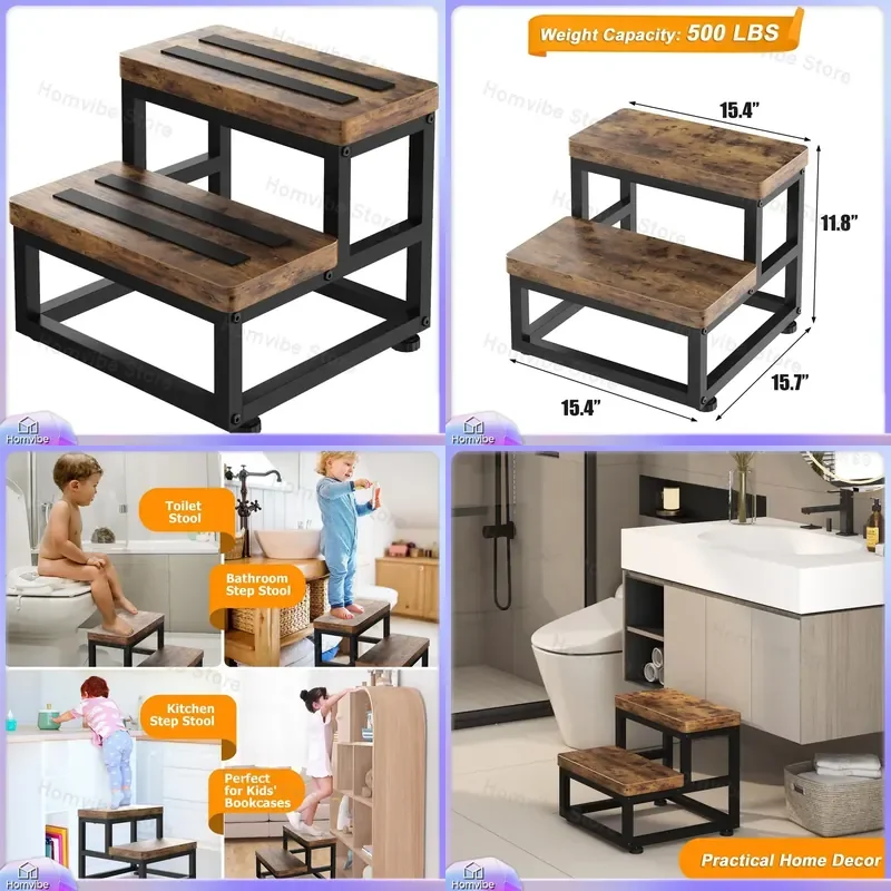 Solid Wood Wrought Iron Step Stool 2 Tier Folding Ladder Chair Non Slip Bathroom Kitchen Footstool Heightening Sturdy Home