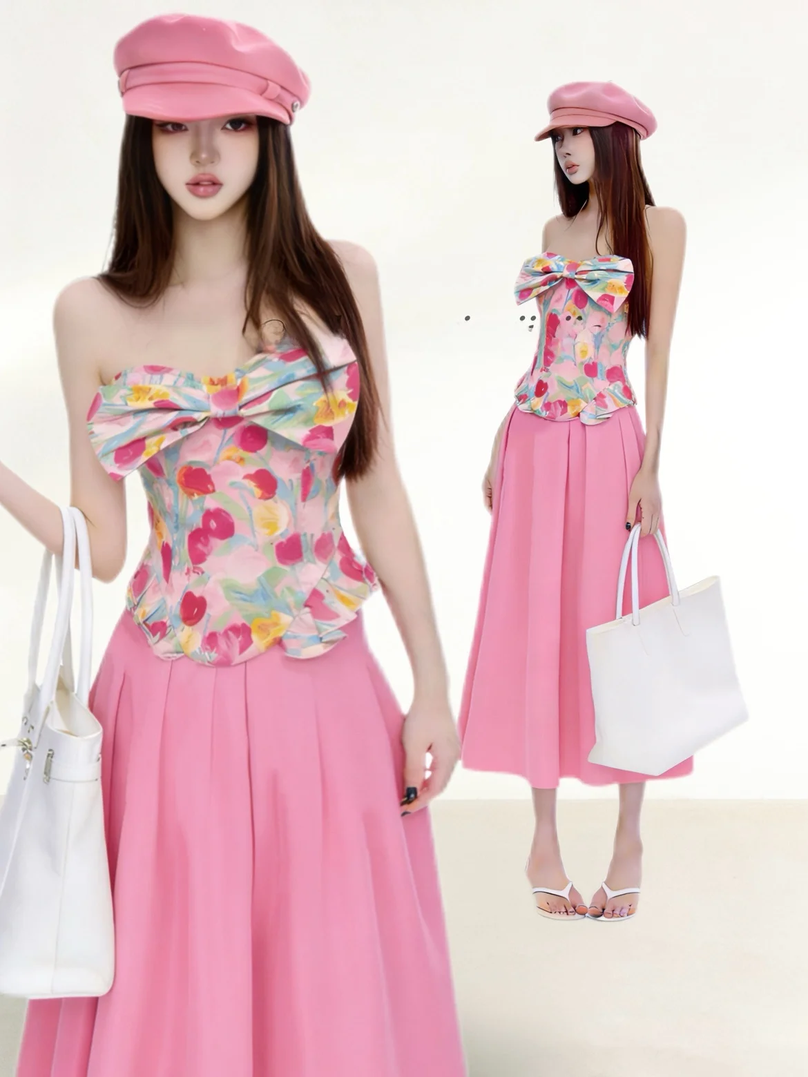

Beloved Thousand Gold Tulip Floral Halter Vest Strap High Waist Pleated Skirt Set Women's Summer Outfits A-Line Skirt