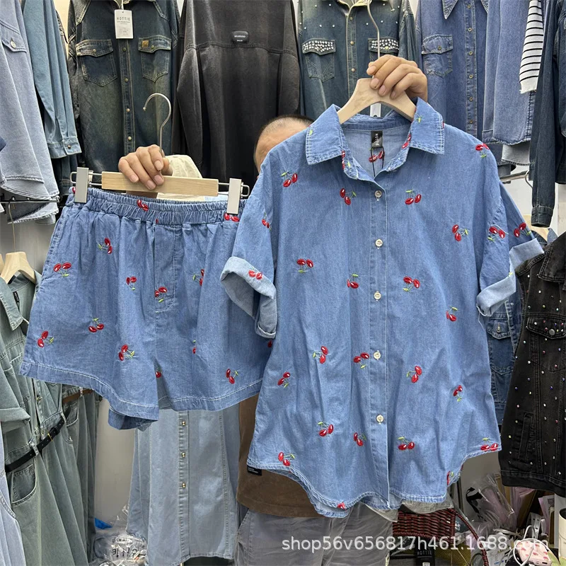 Summer Woman Cherry Embroidered Denim Shirt Jeans Blouses Cowboy Short Sleeve Tops + High Waist Wide Legs Shorts 2Pcs Set 2025