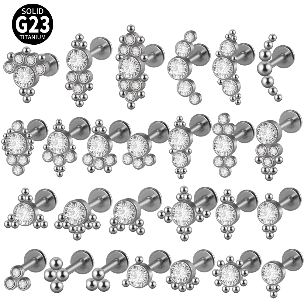 25PCS/Lot ASTM F136 Titanium Labret Clear Crystal Cluster Earring Helix Tragus Cartilage Flat Base Ear Studs Piercing Wholesale