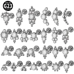 25PCS/Lot ASTM F136 Titanium Labret Clear Crystal Cluster Earring Helix Tragus Cartilage Flat Base Ear Studs Piercing Wholesale