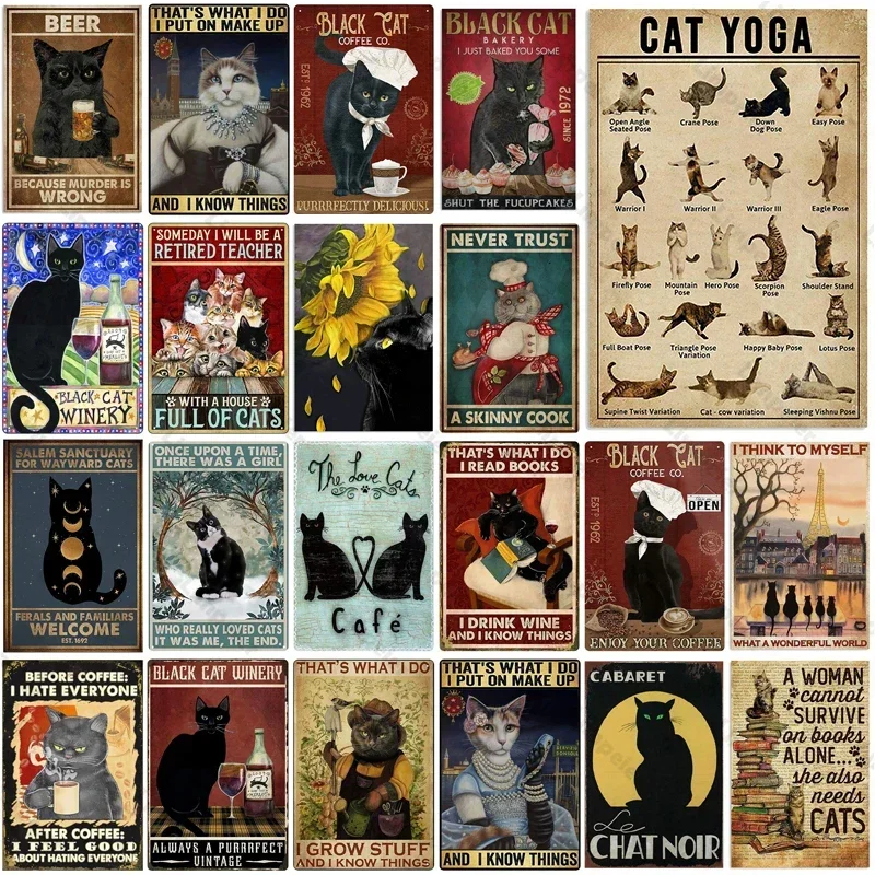 Schwarze Katze Cartoon Anime Poster Metall Zinn Zeichen Dekor Garage Mann Höhle Zauberstab Zeichen Nette Katzen Zinn Malerei Dekor