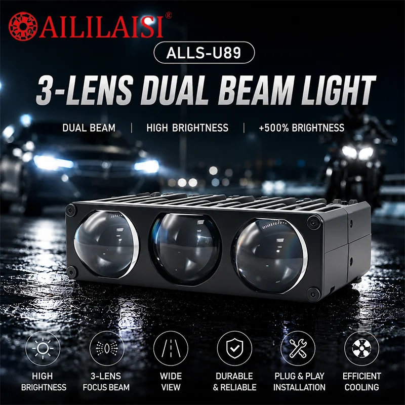 Three Lens Grille Spotlights Headlights Fog Light High Low Beam 3-Lens Bi Led Projector Lens Driving Light Hi/Lo Beam 60000lm