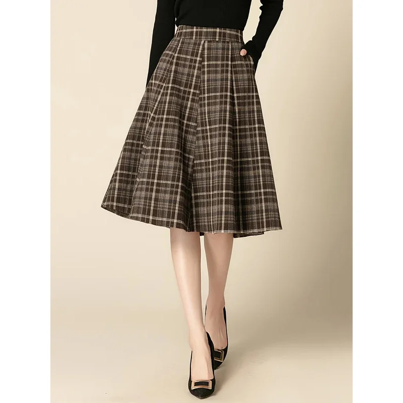 Womens 2024 Autumn/Winter Plaid Pleated Skirt Fashion High Waist Ladies S L XL XXL 3XL Size Female Knee-Length Skirt