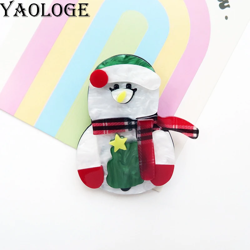 YAOLOGE Original Design Cartoon Multi-Color Splicing Christmas Snowman Brooch Acrylic Material Women Trend Clothing Bag Badge
