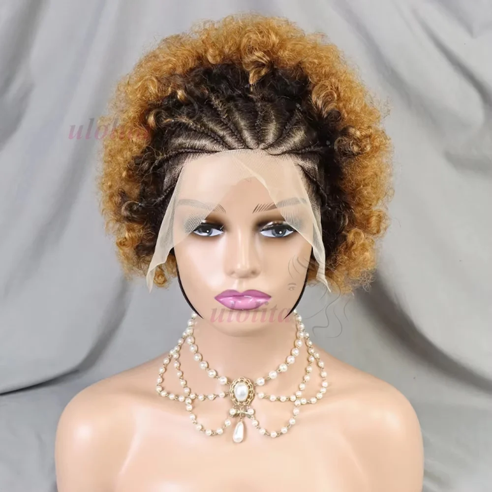 Highlight Ombre Geflochtene Perücken Echthaar Afro Puff Lace Frontal Haarperücken Afro Kinky Curly Echthaar 13x4 Lace Front Vorgeflochten – Detail 29