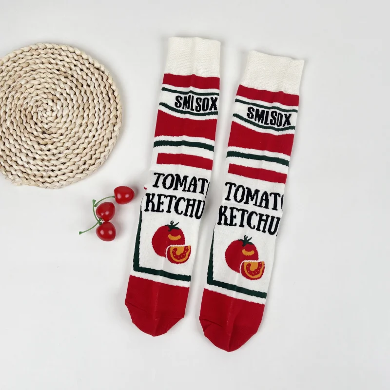 1 Pair Funny Tomato Ketchup Printed Mid-Calf Men Socks Suit In All Seasons