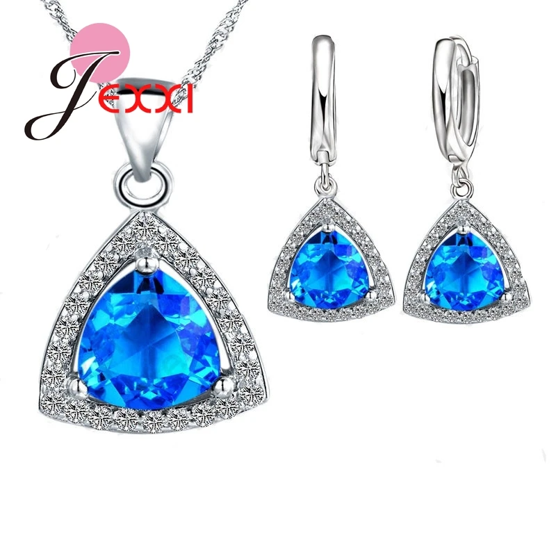 Pure 925 Silver Color Jewelry Sets Shiny Triangle Cubic Zirconia Necklace Earrings Bridal Women Wedding Jewellery