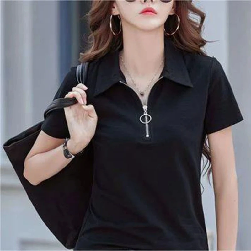 Polo Neck Zipper Patchwork All-match Casual Tops New Summer Short Sleeve Simplicity Trend T Shirts Fashion Office Women Clothes
