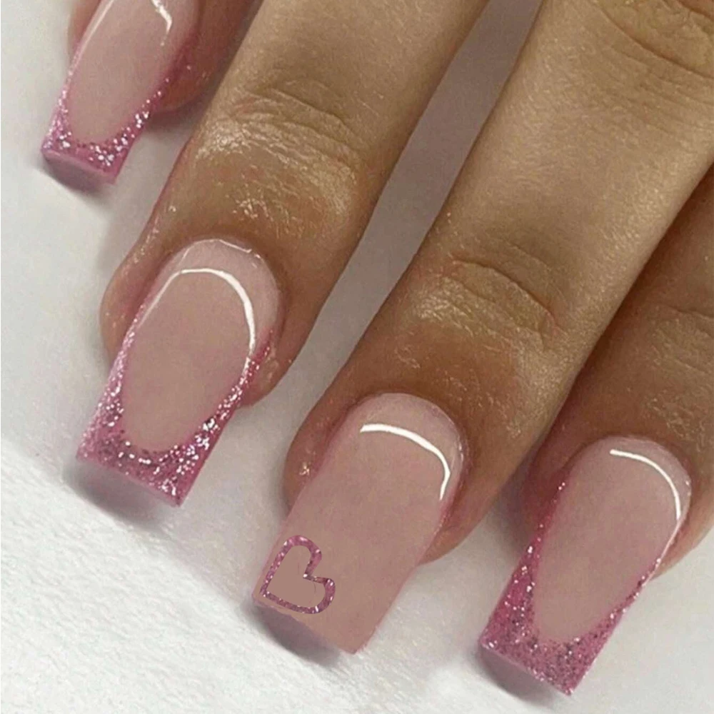 24 Stuks Medium Vierkant Roze Frankrijk Volledige Dekking Nep Nail Set-Korte Doodskist Pers Op Nagels Liefde Ontwerp Voor Meisje Moeder Vrouwen Cadeau