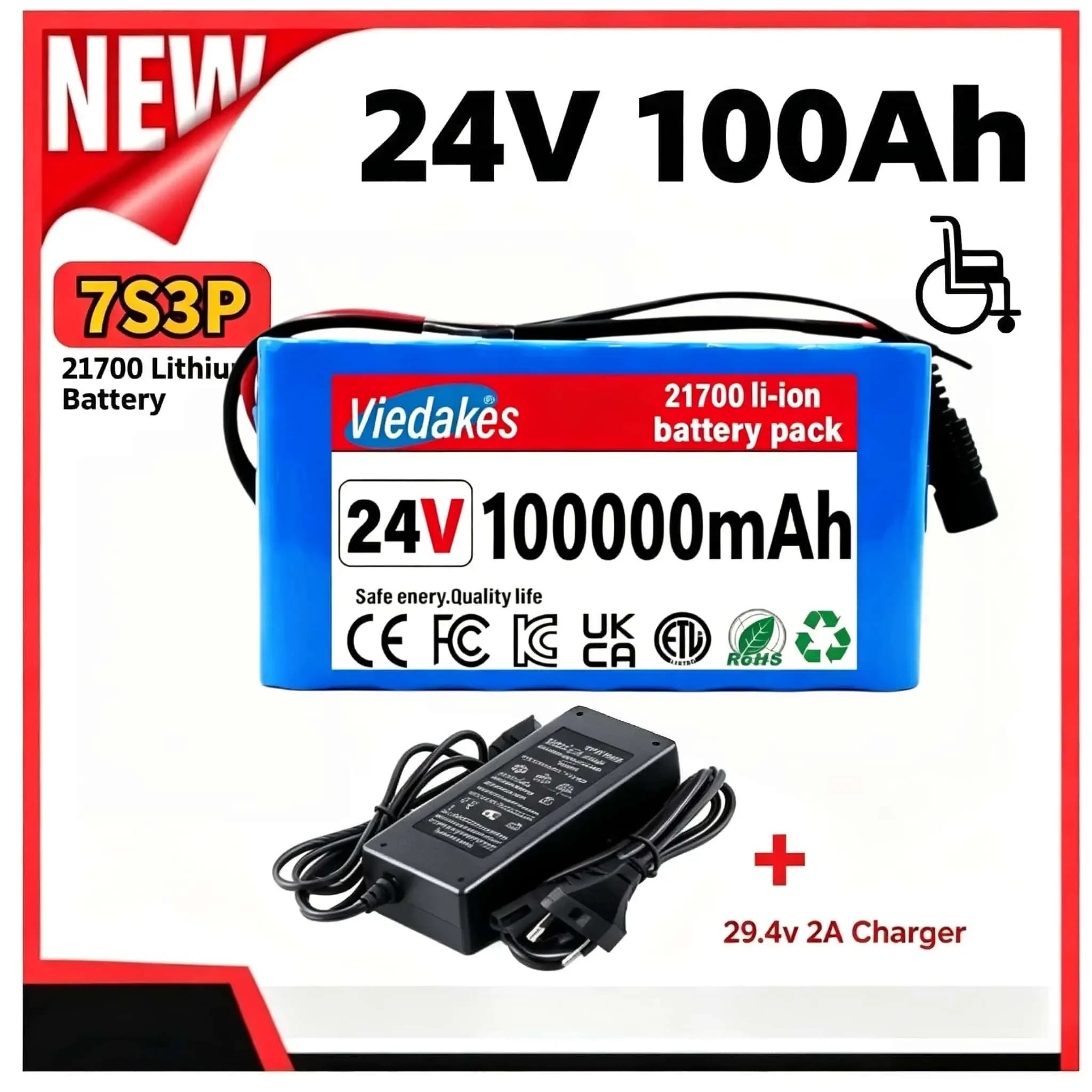 Viedakes 24V 80Ah 7S3P 21700 Li-ion Battery Pack High Density Large Capacity Lithium Power Pack