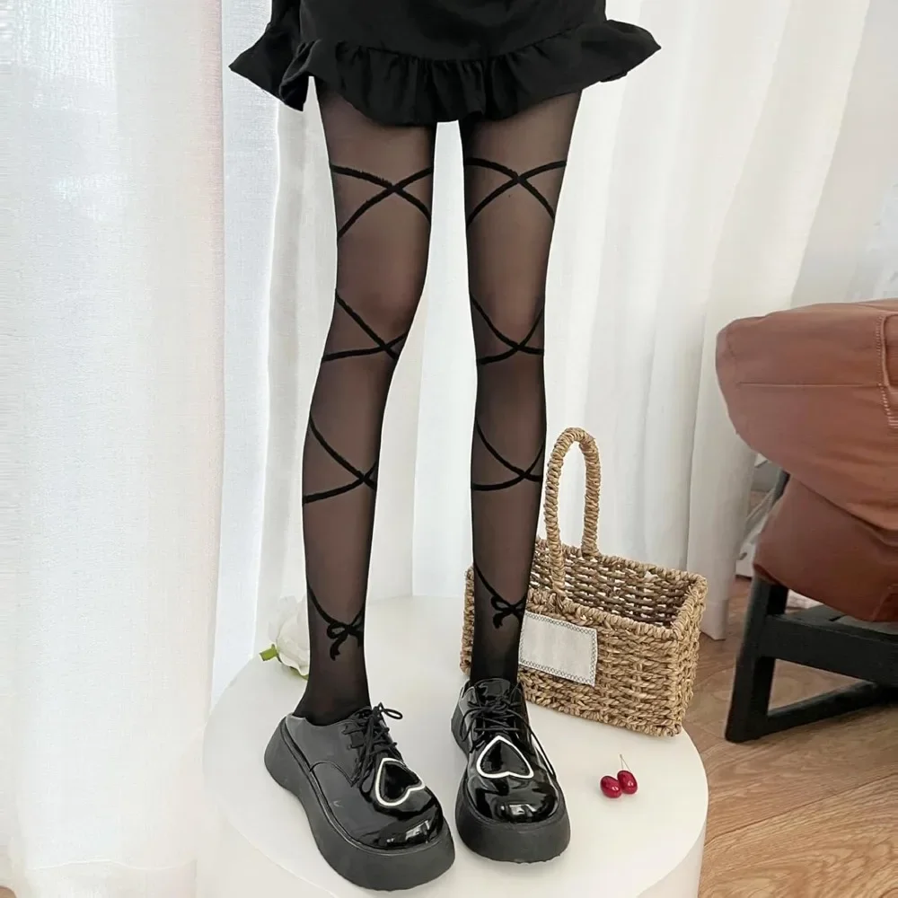 ลวดลาย Sheer Tights สําหรับผู้หญิง Gothic Punk ต้นขาสูง Pantyhose Harajuku Lolita ผ้าพันคอ Fishnet ถุงน่อง