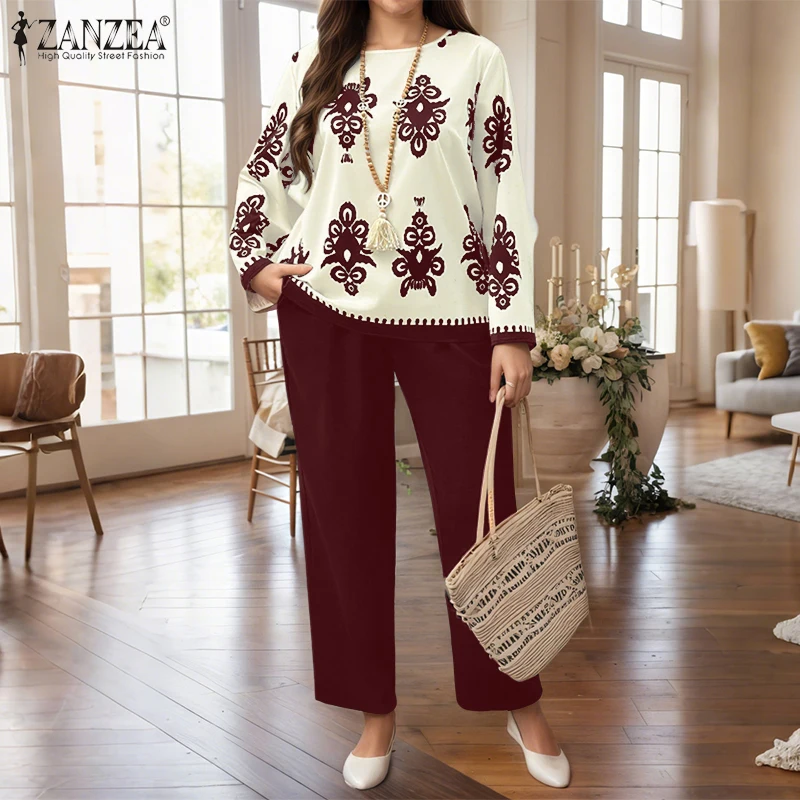 Übergrößen-Sets ZANZEA 2026 Herbst Damen Elegante Hosenanzüge Vintage Bedruckte Langarm-Oberteile Lange Hosen Büro-Damenanzüge Casual