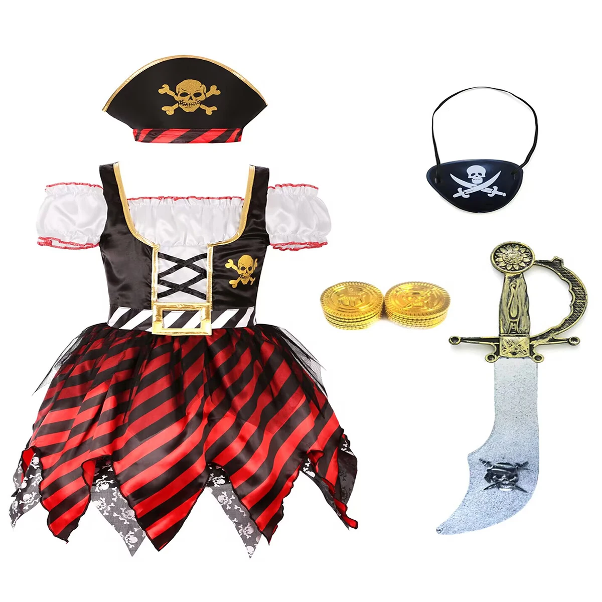 Girls Pirate Costume Dress Set with Hat Eye Patch Gold Coins Sword, Kids Halloween Carnival Party Fancy Outfit view 3