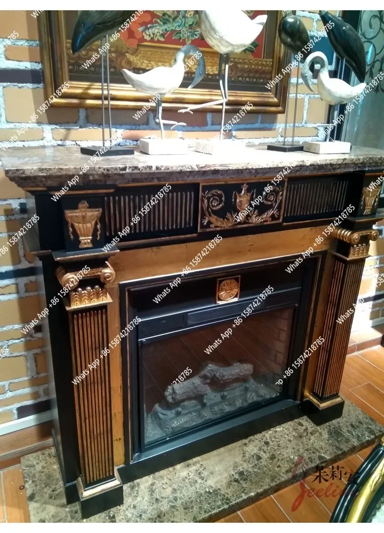 Xx European Solid Wood Fireplace Marble Marble Countertop, Black Gold Foil Heavy Industry Engraving Retro Fireplace