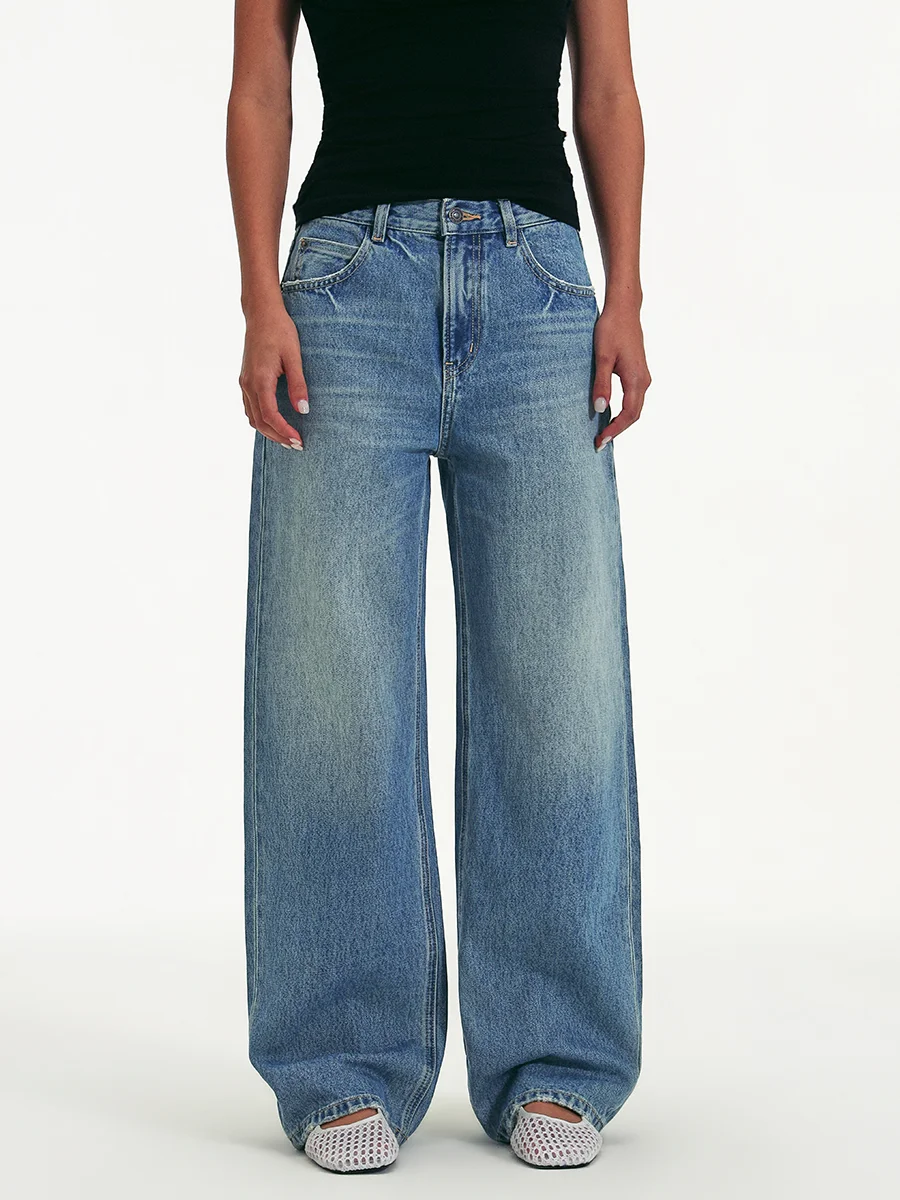 

High Waist Wide Leg Classic Vintage Luxury mat Workwear Feel Straight Cut Jeans for Women Waed Denim Spring Season