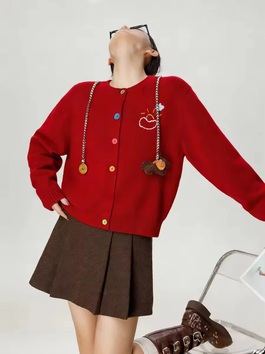 

Red Fun Embroidered Knitted Open Cardigan New Year Design Women's Base Layer Inner Wear Spring Vintage Loose Fit Long S...