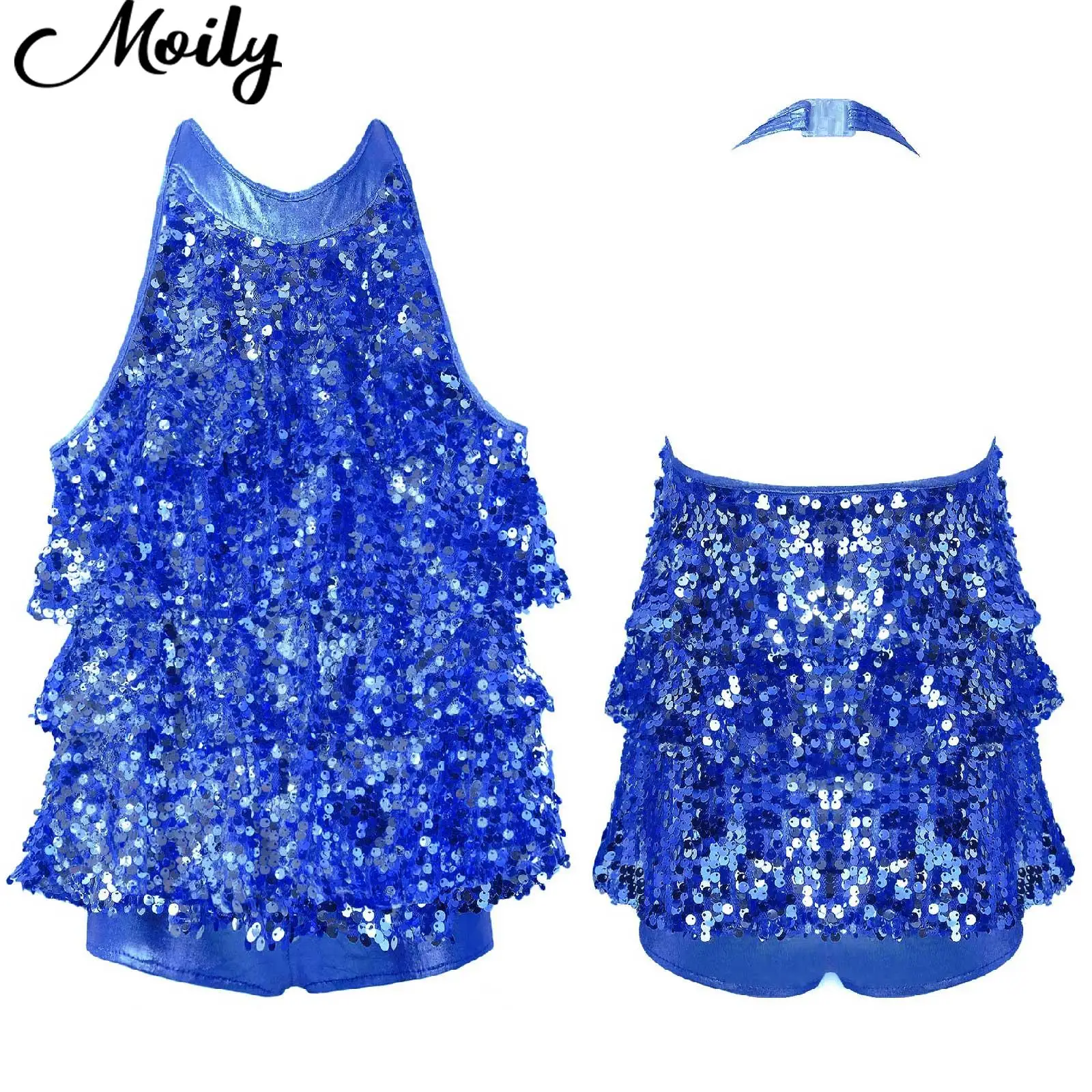 

Girls Latin Jazz Cha-cha Dance Performance Costumes Halter Shiny Sequins Ballet Contemporary Dance Leotards Bodysuits Dancewear