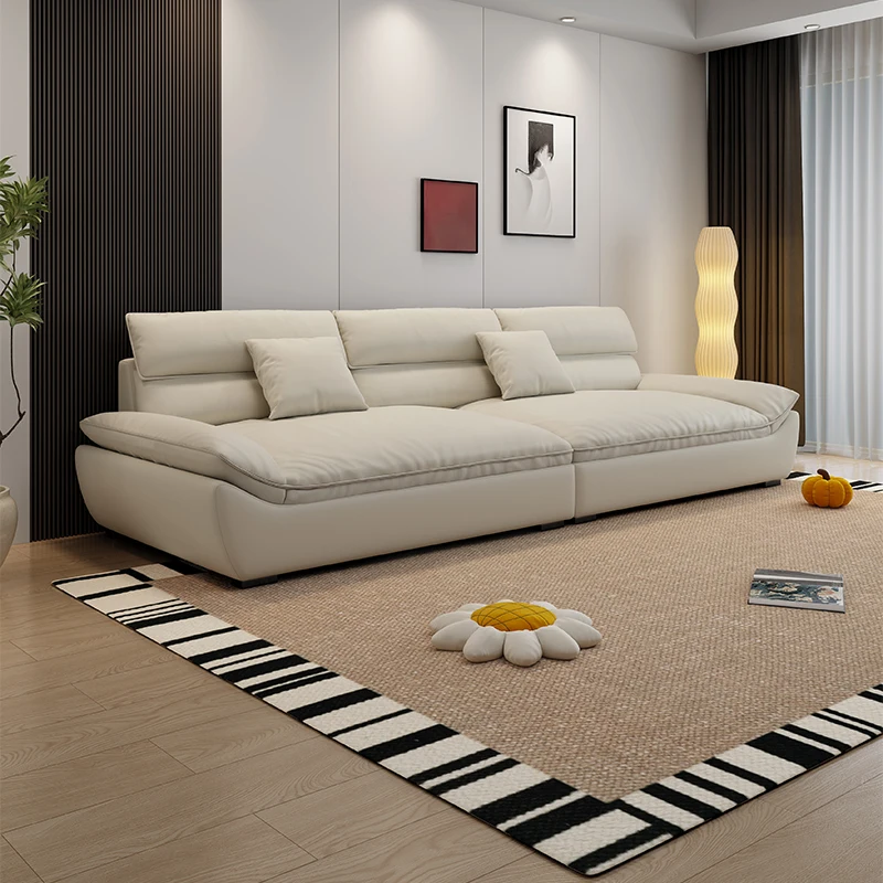 

#Cream Wind Leather Sectional Sofa for Living Room Furniture Modern Simple High Back Three or Four Seat Straight Row Sofa Set