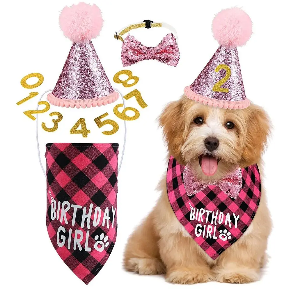 

Decorative Pet Birthday Set Adjustable Polyester Dog Sequins Hat Blue Cat Birthday Hat Bow Tie Birthday Party