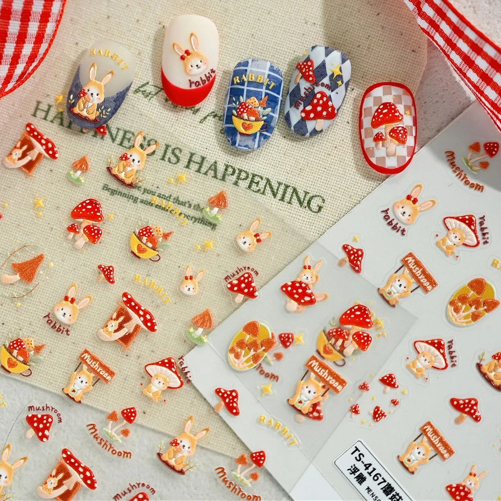 

Lovely Cartoon Mushroom Rabbit Autumn 5D Embossed Self Adhesive Nail Art Stickers Cute Bunny Pinecone Maple Leaf Manicure Decals