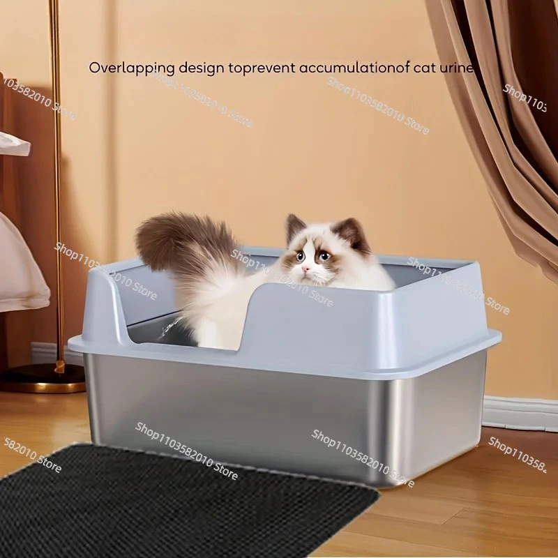 Enclosed Stainless Steel Cat Litter Box for Large Cats - Open Box with Litter Pad & Scoop