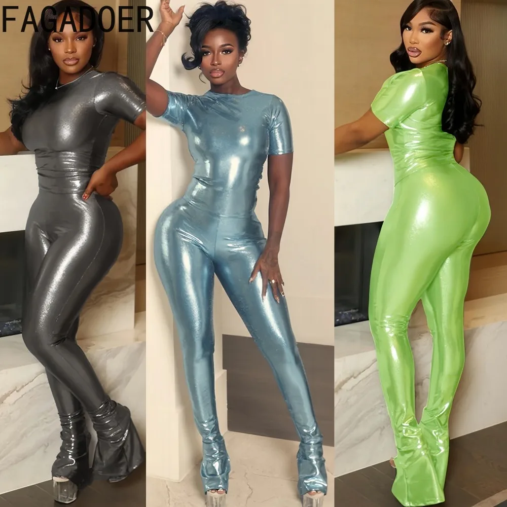 

FAGADOER сексуальный женский комплект из 2 предметов с золотым тиснением, однотонный укороченный топ с короткими рукавами + узкие брюки, одинаковая женская уличная одежда