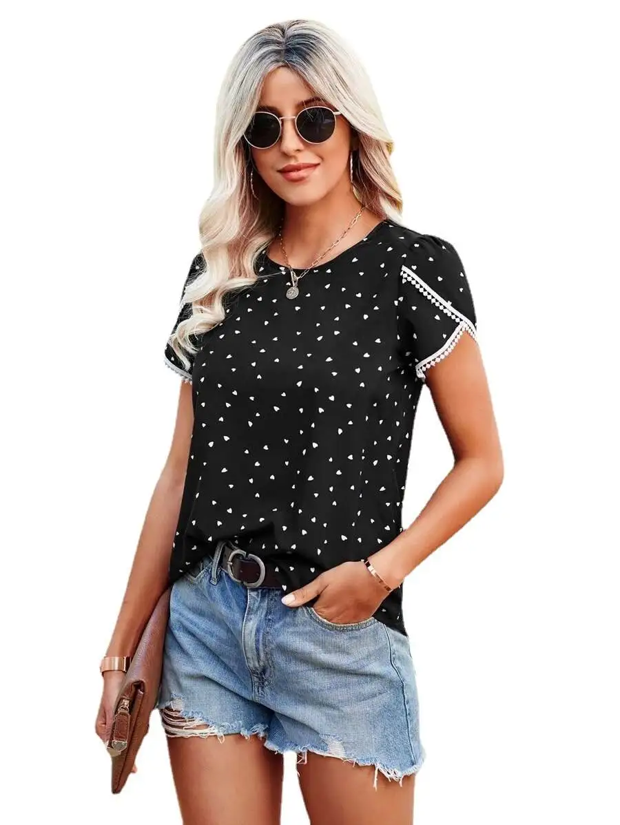 Camiseta informal de verano para mujer, top con estampado floral, corte recto, longitud de ort, otra tela, camiseta para mujer