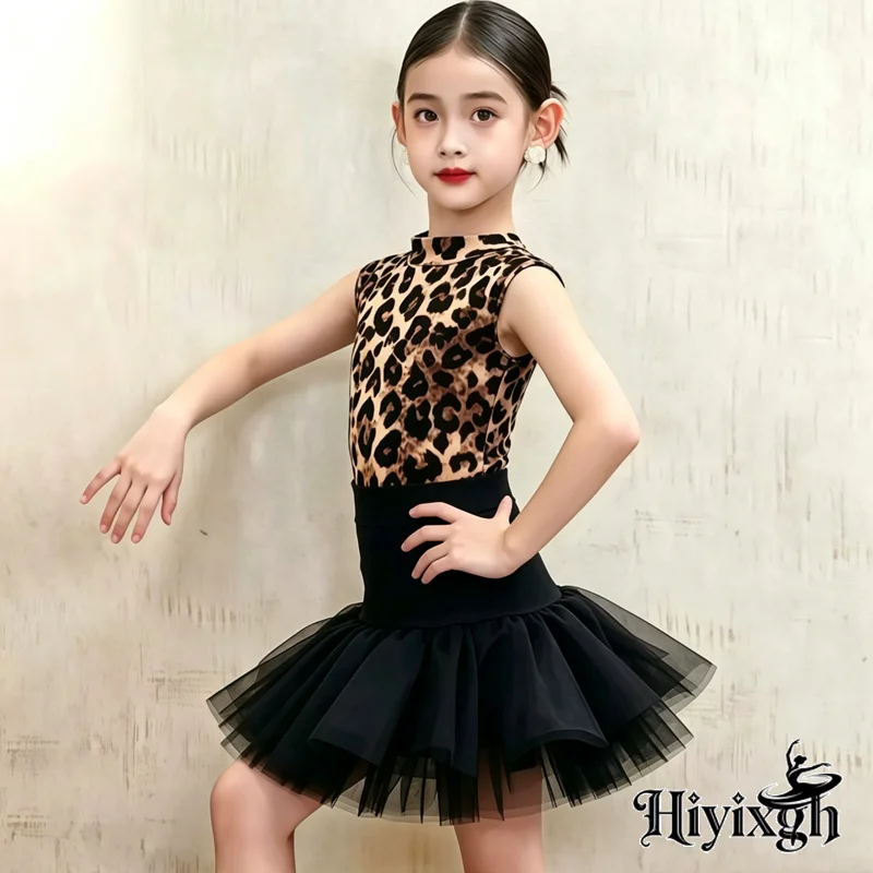 2026 Fashion Girls Latin Dance Performance Costume Leopard Latin Top Tutu Skirts Kids Chacha Competition Dance Dresses