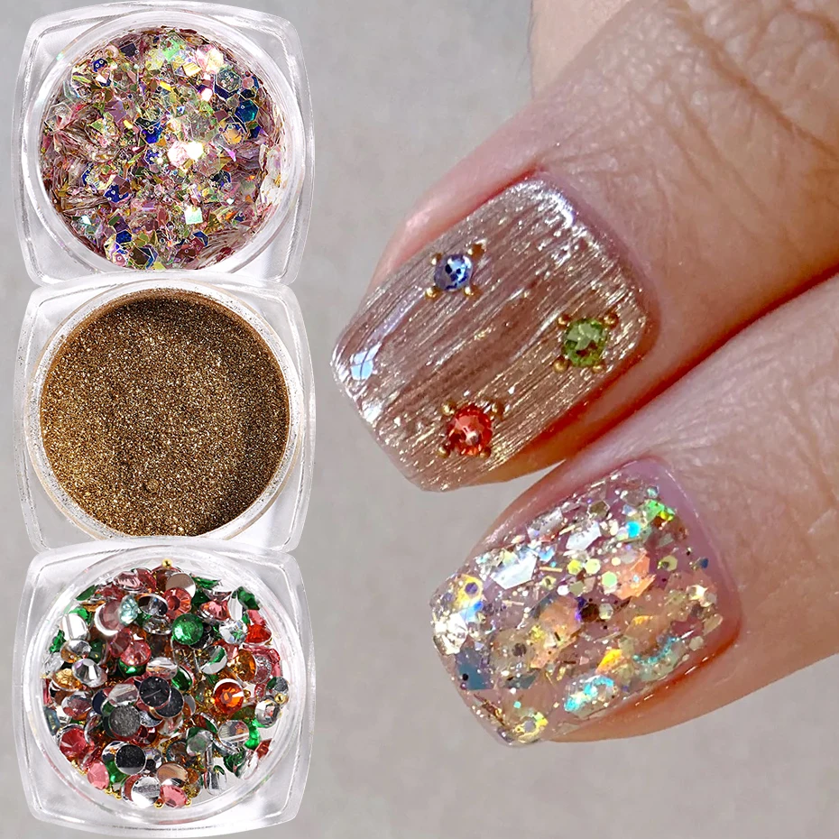 Gold Glitter Nails Sequin Colorful Rhinestones Set Retro Buchelati Bohemia Style Manicure Magic Powder Paillette Gems Decor #XEX